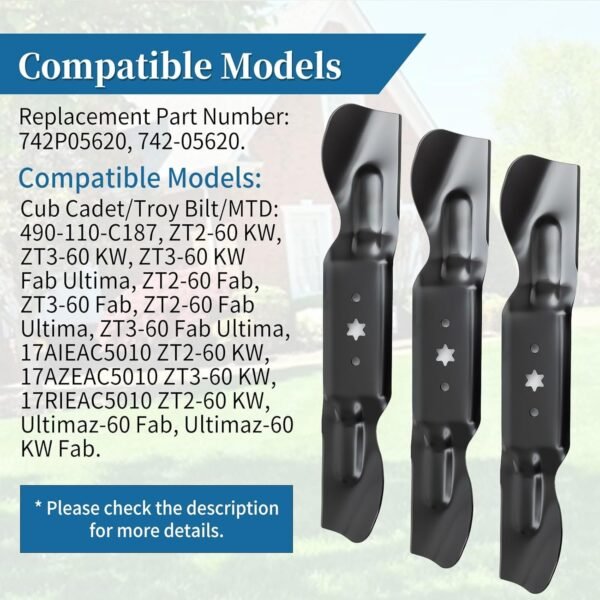 490-110-C187 742P05620 Mower Blade Compatible with Cub Cadet ZT2 ZT3 Ultima 60 KW FAB - Mulching High Lift Blade Compatible with Cub Cadet/MTD/Troy Bilt 60 Inch Deck, Replace 742-05620, 3 Pack